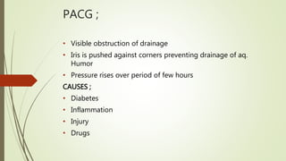 PACG ;
• Visible obstruction of drainage
• Iris is pushed against corners preventing drainage of aq.
Humor
• Pressure rises over period of few hours
CAUSES ;
• Diabetes
• Inflammation
• Injury
• Drugs
 