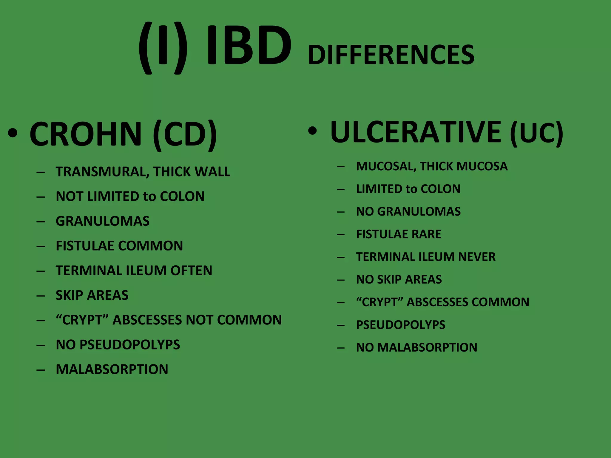 (I) IBD  DIFFERENCES CROHN (CD) TRANSMURAL, THICK WALL NOT LIMITED to COLON GRANULOMAS FISTULAE COMMON TERMINAL ILEUM OFTEN SKIP AREAS “ CRYPT” ABSCESSES NOT COMMON NO PSEUDOPOLYPS MALABSORPTION ULCERATIVE   (UC) MUCOSAL, THICK MUCOSA LIMITED to COLON NO GRANULOMAS FISTULAE RARE TERMINAL ILEUM NEVER NO SKIP AREAS “ CRYPT” ABSCESSES COMMON PSEUDOPOLYPS NO MALABSORPTION 