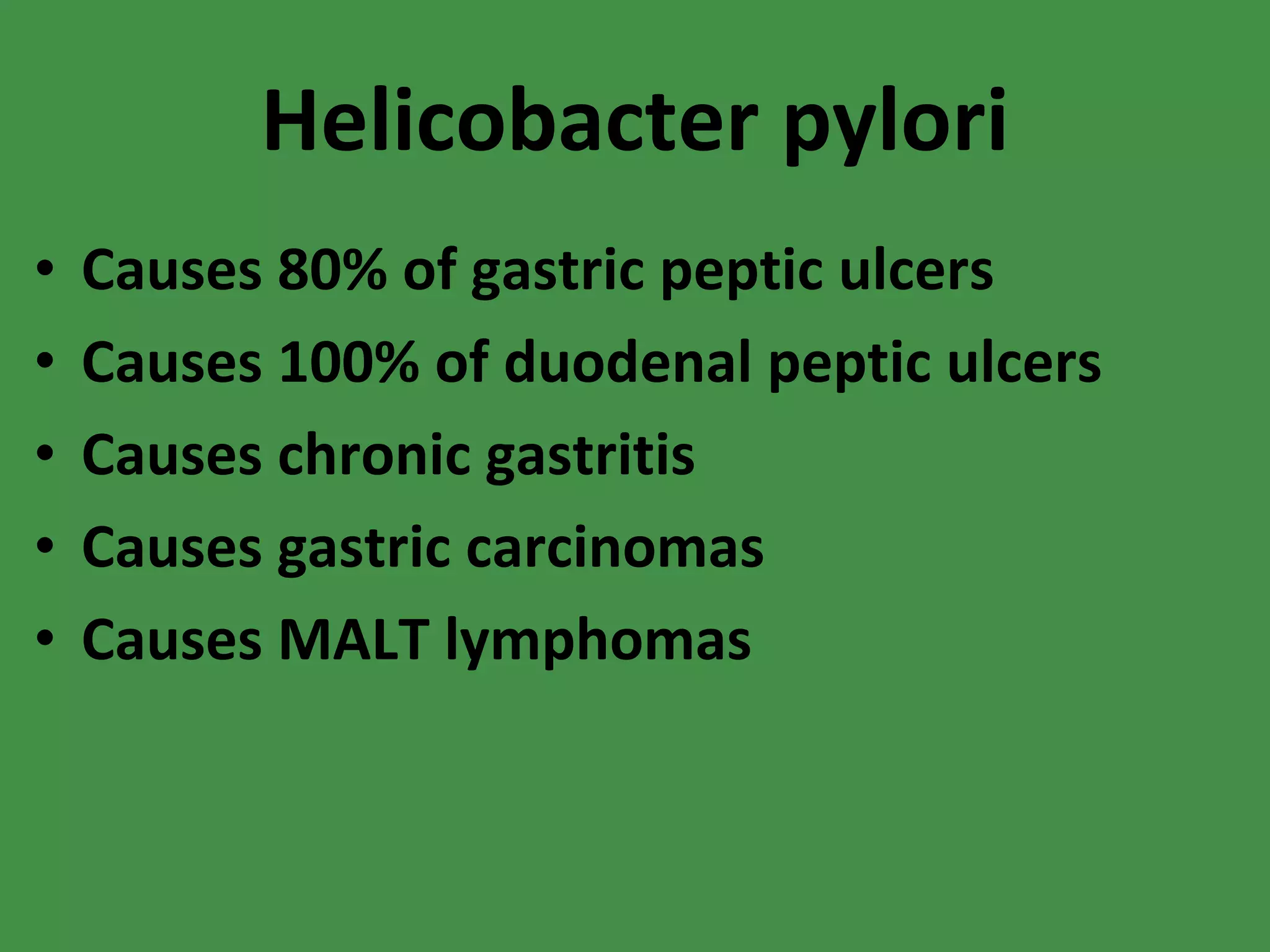 Helicobacter pylori Causes 80% of gastric peptic ulcers Causes 100% of duodenal peptic ulcers Causes chronic gastritis Causes gastric carcinomas Causes MALT lymphomas 