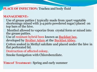 PLACEOF INFECTION: Trachea and body fluid
MANAGEMENT:-
Use of grease patties ( typically made from 1part vegetable
shortenings mixed with 3-4parts powdered sugar) placed on
top bars of the hive.
Menthol allowed to vaporize from crystal form or mixed into
the grease patties.
Use of resistant hybrid bees known as Buckfast bee,
developed by Brother Adam at the BuckfastAbbey.
Cotton soaked in Methyl salcilate and placed under the hive in
flat perforated lid.
Destruction of affected colony.
Smoke fumigation with Chlorobenzilate.
Timeof Treatment: Spring and early summer
 