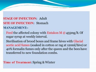 STAGE OF INFECTION: Adult
SITE OF INFECTION: Stomach
MANAGEMENT:-
Feed the affected colony with Entakon M @455mg/lt. Of
sugar syrup at weeklyinterval.
Sterilisation of brood boxes and frame hives with Glacial
acetic acid fumes (soaked in cotton or rag at 120ml/hive) or
40% formalin fumes only after the queen and the beeshave
transferred to new foundation combs.
Time of Treatment:Spring & Winter
 