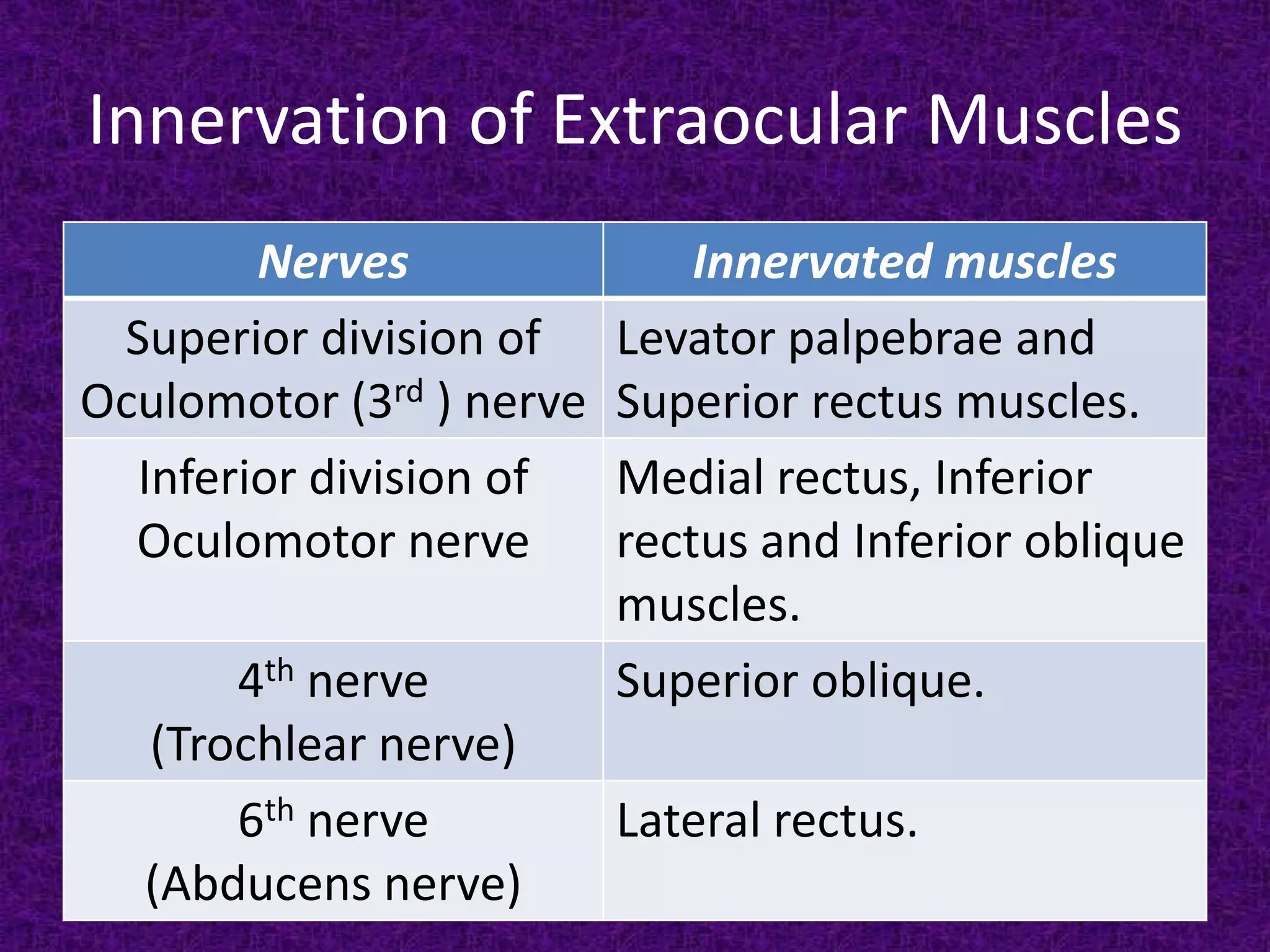 Innervation of Extraocular Muscles
Nerves
Superior division of
Oculomotor (3rd ) nerve
Inferior division of
Oculomotor nerve
4th nerve
(Trochlear nerve)
6th nerve
(Abducens nerve)

Innervated muscles
Levator palpebrae and
Superior rectus muscles.
Medial rectus, Inferior
rectus and Inferior oblique
muscles.
Superior oblique.
Lateral rectus.

 