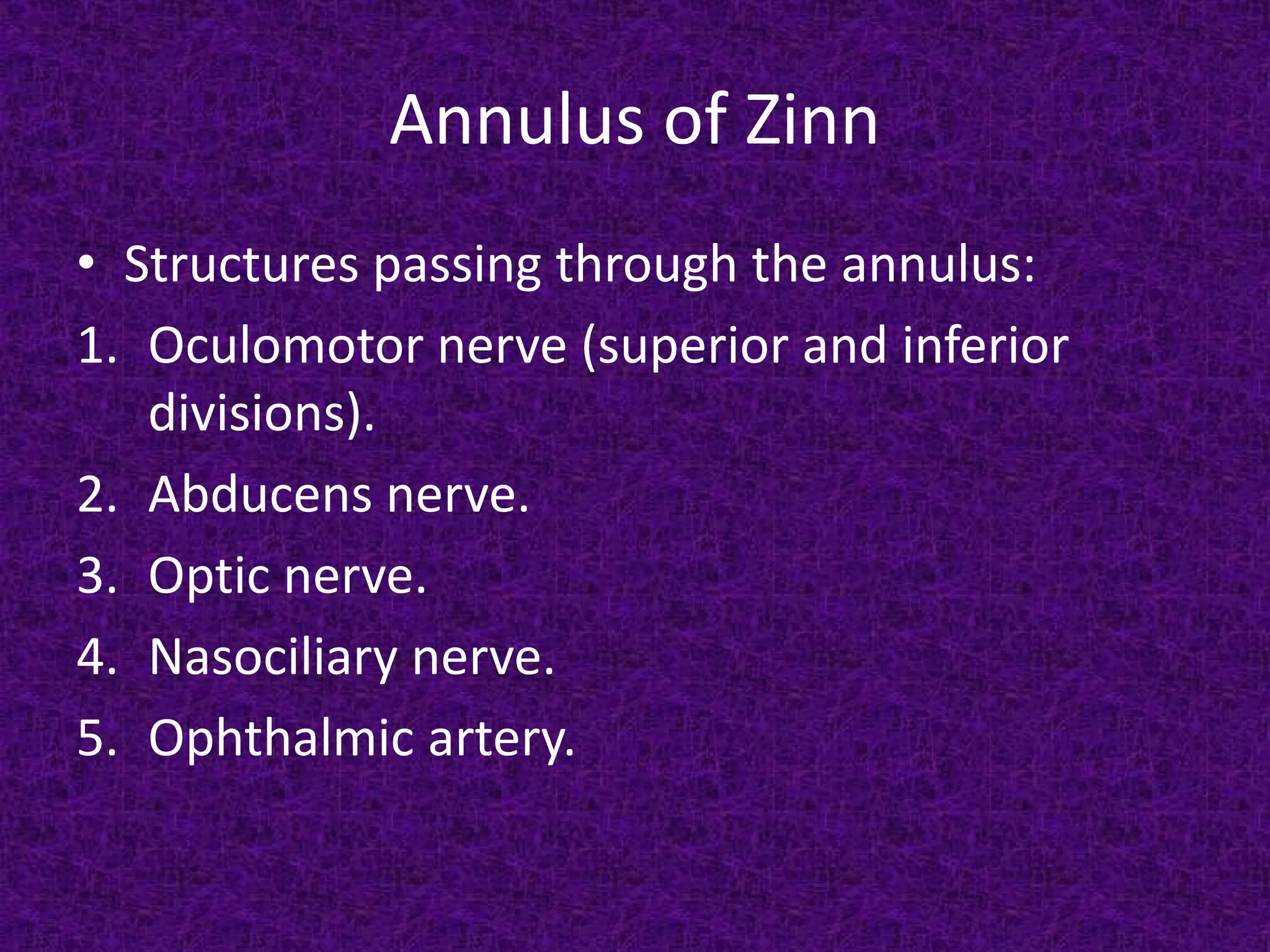 Annulus of Zinn
• Structures passing through the annulus:
1. Oculomotor nerve (superior and inferior
divisions).
2. Abducens nerve.
3. Optic nerve.
4. Nasociliary nerve.
5. Ophthalmic artery.

 