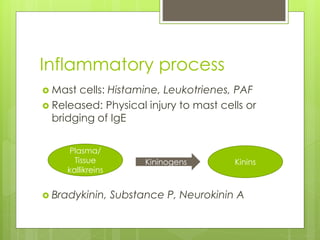 Inflammatory process
 Mast cells: Histamine, Leukotrienes, PAF
 Released: Physical injury to mast cells or
bridging of IgE
 Bradykinin, Substance P, Neurokinin A
Plasma/
Tissue
kallikreins
Kininogens Kinins
 