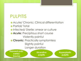 PULPITIS
 Acute/ Chronic: Clinical differentiation
 Partial/ Total
 Infected/ Sterile: smear or culture
 Acute: Precipitous short course
Violently painful
 Chronic: Practically symptomless
Slightly painful
Longer duration
Exposed pulp:
caries/
trauma
Hyperplastic
pulpitis
Ulcerative
pulpitis
 