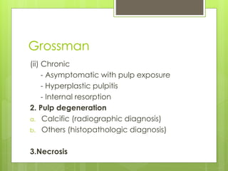 Grossman
(ii) Chronic
- Asymptomatic with pulp exposure
- Hyperplastic pulpitis
- Internal resorption
2. Pulp degeneration
a. Calcific (radiographic diagnosis)
b. Others (histopathologic diagnosis)
3.Necrosis
 