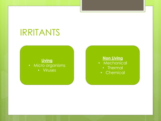 IRRITANTS
Living
• Micro organisms
• Viruses
Non Living
• Mechanical
• Thermal
• Chemical
 