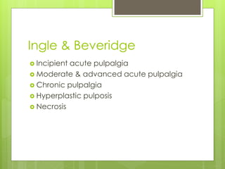 Ingle & Beveridge
 Incipient acute pulpalgia
 Moderate & advanced acute pulpalgia
 Chronic pulpalgia
 Hyperplastic pulposis
 Necrosis
 