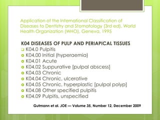 Application of the International Classification of
Diseases to Dentistry and Stomatology (3rd ed), World
Health Organization (WHO), Geneva, 1995
K04 DISEASES OF PULP AND PERIAPICAL TISSUES
 K04.0 Pulpitis
 K04.00 Initial (hyperaemia)
 K04.01 Acute
 K04.02 Suppurative [pulpal abscess]
 K04.03 Chronic
 K04.04 Chronic, ulcerative
 K04.05 Chronic, hyperplastic [pulpal polyp]
 K04.08 Other specified pulpitis
 K04.09 Pulpitis, unspecified
Gutmann et al. JOE — Volume 35, Number 12, December 2009
 