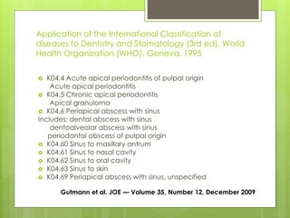 Application of the International Classification of
diseases to Dentistry and Stomatology (3rd ed), World
Health Organization (WHO), Geneva, 1995
 K04.4 Acute apical periodontitis of pulpal origin
Acute apical periodontitis
 K04.5 Chronic apical periodontitis
Apical granuloma
 K04.6 Periapical abscess with sinus
Includes: dental abscess with sinus
dentoalveolar abscess with sinus
periodontal abscess of pulpal origin
 K04.60 Sinus to maxillary antrum
 K04.61 Sinus to nasal cavity
 K04.62 Sinus to oral cavity
 K04.63 Sinus to skin
 K04.69 Periapical abscess with sinus, unspecified
Gutmann et al. JOE — Volume 35, Number 12, December 2009
 