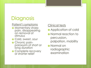 Diagnosis
Patient’s symptoms
 Momentary sharp
pain, disappearing
on removal of
stimulus
 Cold, sweet, sour
 Chronic pain-
paroxysm of short or
long duration
 Complete recovery
or shorter relief
Clinical tests
 Application of cold
 Normal reaction to
percussion,
palpation, mobility
 Normal on
radiographic
examination
 