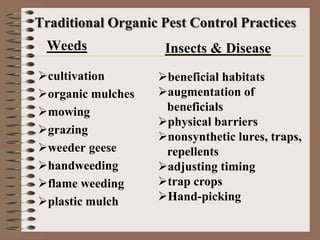 Traditional Organic Pest Control Practices
Weeds
cultivation
organic mulches
mowing
grazing
weeder geese
handweeding
flame weeding
plastic mulch
Insects & Disease
beneficial habitats
augmentation of
beneficials
physical barriers
nonsynthetic lures, traps,
repellents
adjusting timing
trap crops
Hand-picking
 