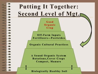 Putting It Together:
Second Level of Mgt.
B i o l o g i c a l l y H e a l t h y S o i l
A S o u n d O r g a n i c S y s t e m
R o t a t i o n s , C o v e r C ro p s
C o m p o s t , M a n u re
O r g a n i c C u l t u r a l P r a c t i c e s
O f f - F a r m I n p u t s
F e r t i l i z e r s — P e s t i c i d e s
G o o d
O r g a n i c
C ro p
 