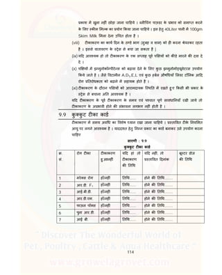 114
काश म खुला नह ं छोड़ा जाना चा हये । ल चंग पाऊडर के भाव को समा त करने
के लए क म म क का योग कया जाना चा हये । इस हेतु 40Liter पानी म 100gm
Skim Milk मला देना उ चत होता है ।
(viii) ट काकरण का काय दन के ठ डे भाग (सुबह व शाम) को ह करना ेय कर रहता
है । इससे वातावरण के ेस से बचा जा सकता है |
(ix) य द आव यक हो तो ट काकरण के एक स ताह पूव प य को क ड़े मारने क दवा दे
दे ।
(x) प य म इ मुनोकॉ पीटे स को बढ़ावा देने के लए कु छ इ मुनोमो यूलेटरस उपयोग
कये जाते है । जैसे वटामीन A,D3,E,L एवं कु छ हबल औष धयाँ लवर टॉ नक आ द
रोग तरोधकता को बढ़ाने म सहायक होते है ।
(xi) ट काकरण के दौरान प य को आरामदायक ि थ त म रखते हु ए कसी भी कार के
ेस से बचाना अ त आव यक है ।
य द ट काकरण के पूव ट काकरण के समय एवं प चात पूण सावधा नयाँ रखी जाये तो
ट काकरण के अ भावी होने क संभावना लगभग नह ं होती है ।
9.9 कु कु ट ट का काड
ट काकरण म समय अव ध का वशेष यान रखा जाना चा हये । ता वत ट के नय मत
आयु पर लगने आव यक है । याददा त हेतु न न कार का काड बनाकर उसे उपयोग करना
चा हए
सारणी : 9.9
कु कु ट ट का काड
.
सं.
रोग ट का ट काकरण
हु आ/नह ं
य द हां तो
ट काकरण
क त थ
य द नह ं, तो
ता वत दनांक
बू टर डोज
क त थ
1 मरे स रोग हाँ/नह ं त थ...... होने क त थ........
2 आर.डी. F1 हाँ/नह ं त थ...... होने क त थ........
3 आई.बी.डी. हाँ/नह ं त थ...... होने क त थ........
4 आर.डी.एम. हाँ/नह ं त थ...... होने क त थ........
5 फाऊल पॉ स हाँ/नह ं त थ...... होने क त थ........
6 पुना आर.डी. हाँ/नह ं त थ...... होने क त थ........
7 आई बी. हाँ/नह ं त थ...... होने क त थ........
 