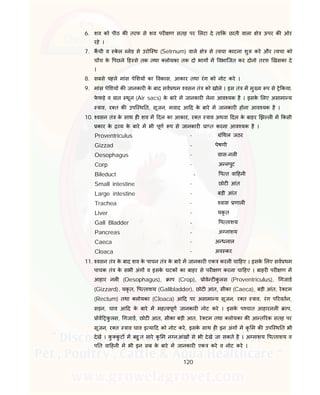 120
6. शव को पीठ क तरफ से शव पर ण सतह पर लटा दे ता क छाती वाला े ऊपर क ओर
रहे ।
7. कची व के ल लेड से उरोि थ (Setrnum) वाले े से वचा काटना शु करे और वचा को
च च के पछले ह से तक तथा लोयका तक दो भाग म वभािजत कर दोनो तरफ खसका दे
।
8. सबसे पहले मांस पे शय का वकास, आकार तथा रंग को नोट करे ।
9. मांस पे शय क जानकार के बाद सव थम वसन तं को खोले । इस तं म मु य प से े कया,
फे फड़े व वात थून (Air sacs) के बारे म जानकार लेना आव यक है । इसके लए असामा य
ाव, र त क उपि थ त, सूजन, मवाद आ द के बारे म जानकार होना आव यक है ।
10. वसन तं के साथ ह शव म दल का आकार, र त ाव अथवा दल के बाहर झ ल म कसी
कार के य के बारे म भी पूण प से जानकार ा त करना आव यक है ।
Proventriculus - ं थल जठर
Gizzad - पेषणी
Oesophagus - ास-नल
Corp - अ नपुट
Bileduct - प त वा हनी
Small intestine - छोट आंत
Large intestine - बड़ी आंत
Trachea - वास णाल
Liver - यकृ त
Gall Bladder - प ताशय
Pancreas - अ नाशय
Caeca - अ धनाल
Cloaca - अव कर
11. वसन तं के बाद शव के पाचन तं के बारे म जानकार एक करनी चा हए । इसके लए सव थम
पाचक तं के सभी अंग व इसके घटक का बाहर से पर ण करना चा हए । बाहर पर ण म
आहार नल (Oesophagus), ाप (Crop), ोवे ट कु लस (Proventriculus), गजाड
(Gizzard), यकृ त, प ताशय (Gallbladder), छोट आंत, सीका (Caeca), बड़ी आंत, रे टम
(Rectum) तथा लोयका (Cloaca) आ द पर असामा य सूजन, र त ाव, रंग प रवतन,
सड़न, घाव आ द के बारे म मह वपूण जानकार नोट करे । इसके प चात आहारनल ाप,
ोव कु लस, गजाड, छोट आत, सीका बड़ी आत, रे टम तथा लोयका क आ त रक सतह पर
सूजन, र त ाव घाव इ या द को नोट करे, इसके साथ ह इन अंग म कृ म क उपि थ त भी
देख । कु कु ट म बहु त सारे कृ म न नआंख से भी देखे जा सकते है । अ नाशय प ताशय व
प त वा हनी म भी इन सब के बारे म जानकार एक करे व नोट करे ।
 