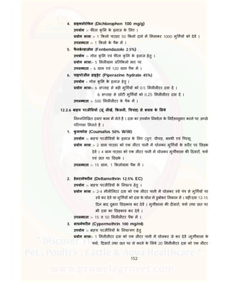 152
4. डाइ लोरोफे न (Dichlorophen 100 mg/g)
उपयोग :- फ ता कृ म के इलाज के लए ।
योग मा ा :- 1 कलो पाउडर 50 कलो दाने म मलाकर 1000 मु गय को देव ।
उपल धता :- 1 कलो के पैक म ।
5. फै नबे डाजोल (Fenbendazole 2.5%)
उपयोग :- गोल कृ म एवं फ ता कृ म के इलाज हेतु ।
योग मा ा:- 5 मल ाम त कलो भार पर
उपल धता - 6 ाम एवं 120 ाम पैक म ।
6. पाइपरेजीन हाइ ेट (Piperazine hydrate 45%)
उपयोग - गोल कृ म के इलाज हेतु ।
योग मा ा:- 6 स ताह से बड़ी मु गय को 0.5 मल ल टर दवा द ।
6 स ताह से छोट मु गय को 0.25 मल ल टर दवा द ।
उपल धता :- 500 मल ल टर के पैक म ।
12.2.6 बाहय परजी वय (जूं ल ख, कलनी, चचंड) से बचाव के लये
न न ल खत दवाएं काम म लेते है । दवा का उपयोग नमाता के नदशानुसार करने पर अ छे
प रणाम मलते है ।
1. कु माफोस (Coumafos 50% W/W)
उपयोग :- बा य परजी वय के इलाज के लए (जुए, चीचड़, ब थी एवं प सू
योग मा ा :- 2 ाम पाउडर को एक ल टर पानी म घोलकर मु गय के शर र पर छड़क
देव । 4 ाम पाउडर को एक ल टर पानी म घोलकर मुग शाला क दवार , फश
एवं छत पर छड़के ।
उपल धता :- 15 ाम, 1 कलो ाम पैक म ।
2. डेलटामेथर न (Deltamethrin 12.5% EC)
उपयोग :- बा य परजी वय के नय हेतु ।
योग मा ा :- 2-4 मील लटर दवा को एक ल टर पानी म घोलकर े पंप से मु गय पर
े कर देव या मु गय को दवा के घोल म डुबोकर नकाल ल । यह दवा 12-15
दन बाद दुबारा छड़काव कर देव । मुग शाला क द वार , फश तथा छत पर
भी दवा का छड़काव कर देव ।
उपल धता :- 15 व 50 मल ल टर पैक म ।
3. सा मेथर न (Cypermethrin 100 mg/ml)
उपयोग :- बा य परजी वय के नय ण हेतु
योग मा ा:- 1 मल ल टर दवा को एक ल टर पानी म घोलकर जे कर देव ।मुग शाला के
फश, दवार तथा छत पर से करने के लये 20 मल ल टर दवा को एक ल टर
 