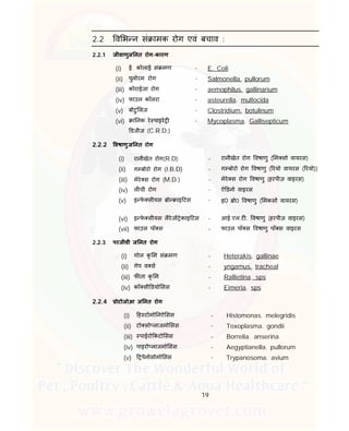 19
2.2 व भ न सं ामक रोग एवं बचाव :
2.2.1 जीवाणुज नत रोग-कारण
(i) ई. कोलाई सं मण - E. Coli
(ii) पुलोरम रोग - Salmonella. pullorum
(iii) कोराईजा रोग - aemophilus. gallinarium
(iv) फाउल कॉलरा - asteurella. multocida
(v) बोटु लज - Clostridium. botulinum
(vi) ा नक रे पाइरे
डजीज (C.R.D.)
– Mycoplasma. Gallisepticum
2.2.2 वषाणुज नत रोग
(i) रानीखेत रोग(R.D) - रानीखेत रोग वषाणु ( म सो वायरस)
(ii) ग बोरो रोग (I.B.D) - ग बोरो रोग वषाणु ( रयो वायरस ( रयो))
(iii) मेरे स रोग (M.D.) - मेरे स रोग वषाणु (हरपीज़ वाइरस)
(iv) ल ची रोग - ऐ डनो वाइरस
(v) इ फे सीयस ो ाइ टस - इ0 ो0 वषाणु ( मकस वायरस)
(vi) इ फे सीयस लैरेज ेकाइ टस - आई.एल.ट . वषाणु (हरपीज़ वाइरस)
(vii) फाउल पॉ स - फाउल पॉ स वषाणु पॉ स वाइरस
2.2.3 परजीवी ज नत रोग
(i) गोल कृ म सं मण - Heterakis. gallinae
(ii) गेप व स - yngamus. tracheal
(iii) फ ता कृ म - Rallietina. sps
(iv) कॉ सी डयो सस - Eimeria. sps
2.2.4 ोटोजोआ ज नत रोग
(i) ह टोमो नऐ सस - Histomonas. melegridis
(ii) टो सो लाजमो सस - Toxoplasma. gondii
(iii) पाईरो कटो सस - Borrelia. anserina
(iv) पाइरो लाजमो सस - Aegyptianella. pullorum
(v) पेनोसोमो सस - Trypanosoma. avium
 