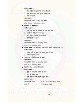 196
कमी के ल ण -
1. हॉक जाँईट का सूजना एवं लकवा हो जाना ।
2. जीभ काल पड़ना तथा मुँह म सूजन होना ।
3. पँख कम आना
आव यकता -
यावसा यक पालन - 40mg./kg. आहार
ीडर म टॉक - 60mg./kg. आहार
 वटा मन H- बाइओ टन
कमी के ल ण -
1. पाँव तथा च च के आसपास क वचा मृत होना
2. आँख पर छोटे-छोटे ध बे पड़ना ।
3. फै ट लवर - कडनी, सं ोम होना
4. है च ब लट कम होना
आव यकता -
यावसा यक पालन - 0.1mg./kg. आहार
ीडर म - 0.2mg./kg. आहार
 फो लक अ ल - यह कोल न व मीथीओ नल बनाने म काम आता है ।
कमी के ल ण -
1. लकवा, वृ दर कम, पँख आना, कम हो जाना ।
2. एनीमीया र त अ पता
3. उ पादन व हेची ब लट कम हो जाना
आव यकता –
यावसा यक पालन – 3.4mg./kg. आहार
ीडर म - 4.5mg./kg. आहार
 वटा मन B12 - सायनोकोबालामीन
कमी के ल ण -
1. वृ दर कम होना, लकवा हो जाना
2. शर र म सूजन आना
3. फै ट ल वर व फै ट कडनी सं ोम होना
आव यक मा ा -
यावसा यक पालन - 0.012 to0.015 mg./kg. आहार
ीडर म - 0.3mg/kg. आहार
 