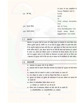 27
से Slide के ऊपर आइमे रया के
Oocyst दखलाई दे जाते है ।
(vi) बड लू - ELISA
AGID
HI
Chick embryo Inoculation
Test
(vii) फाउल पॉ स - HA, HI Tests,
Virus Nentrillazation Test.
(viii) फाउल कालरा - Rapid whole Blood –
Agglutination Test AGID
2.7 सारांश
सं ामक एवं छू तदार रोग का इलाज क अपे ा बचाव एवं रोकथाम के उपाय कया जाना
अ धक सुर त होता है, य क एक तो इन रोग से मृ युदर अ धक एवं इतनी शी होती
है क समु चत ईलाज का समय नह ं मल पाता, दूसरे ईलाज पर कया जाने वाला यय भी
काफ अ धक होता है । अत: बेहतर यह है क इन रोग क समय रहते पहचान कर (ल ण
के आधार पर) अथवा शव पर ण कराके या योगशाला के से पल भेजकर जाँच करा ल
जाव एवं तदनुसार समय पर रोग वशेष का ट काकरण मय बू टर डोज के कर लया जावे
। सं ामक एवं छू तदार रोग के लए इस तरह के बंधन को ह ाथ मकता द जानी चा हए।
2.8 नावल :
.1 सं ामक एवं छू तदार रोग म भेद क िजए?
.2 सं ामक रोग का सारण कन- कन मा यम से हो सकता है? छू तदार रोग कै से फै लते
है ।
.3 सं ामक रोग को ल ण के आधार पर कै से पहचाना जा सकता है?
.4 शव पर ण के आधार पर रोग का नदान कै से कया जा सकता है?
.5 छू तदार रोग मेरे स एवं पुलोरम क योगशाला म या- या पर ण कर पहचान क
जा सकती है?
.6 न न के पेथो नो मक वशेष ल जन या है?
(i) रानीखेत (ii) ग बोरो रोग (iii) सी.आर.डी.
.7 न न रोग म योगशाला पर ण कर कै से जाँच क जा सकती है?
(i) कॉ सी डयो सस (ii) पाइरोक टो सस (iii) रानीखेत
 