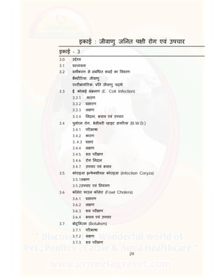 29
इकाई : जीवाणु ज नत प ी रोग एवं उपचार
इकाई - 3
3.0 उ े य
3.1 तावना
3.2 वग करण से संबं धत श द का ववरण
बै ट रया: जीवाणु
ए ट बायो टक: त जीवाणु पदाथ
3.3 ई. कोलाई सं मण (E. Coli Infection)
3.3.1 .कारण
3.3.2 सारण
3.3.3 ल ण
3.3.4 नदान, बचाव एवं उपचार
3.4 पुलोरम रोग, बेसीलर हाइट डाय रया (B.W.D.)
3.4.1 प रभाषा
3.4.2 कारण
3..4.3 सार
3.4.4 ल ण
3.4.5 शव पर ण
3.4.6 रोग नदान
3.4.7 उपचार एवं बचाव
3.5 कोराइजा इ फे शीयस कोराइजा (Infection Coryza)
3.5.1ल ण
3.5.2उपचार एवं नयं ण
3.6 कॉलेरा फाउल कॉलेरा (Fowl Cholera)
3.6.1 सारण
3.6.2 ल ण
3.6.3 शव पर ण
3.6.4 बचाव एवं उपचार
3.7 बोटू ल म (Botulism)
3.7.1 प रभाषा
3.7.2 ल ण
3.7.3 शव पर ण
 