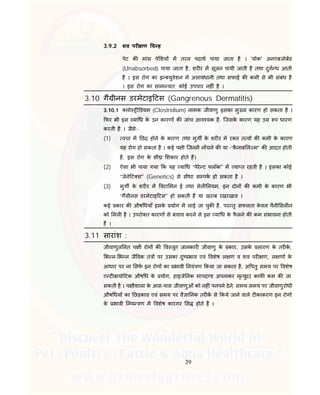 39
3.9.2 शव पर ण च ह
पेट क मांस पे शय म तरल पदाथ पाया जाता है । 'योक' अनएबजोबड
(Unabsorbed) पाया जाता है, शर र म सूजन पायी जाती है तथा दुग ध आती
है । इस रोग का इ युवेशन म असावधानी तथा सफाई क कमी से भी संबंध है
। इस रोग का सामा यत: कोई उपचार नह ं है ।
3.10 ग ीनस डरमेटाइ टस (Gangrenous Dermatitis)
3.10.1 लो डयम (Clostridium) नामक जीवाणु इसका मु य कारण हो सकता है ।
फर भी इस या ध के उन कारण क जांच आव यक है, िजसके कारण यह उ प धारण
करती है । जैसे:-
(1) वचा म छ होने के कारण तथा मुग के शर र म र त त व क कमी के कारण
यह रोग हो सकता है । कई प ी िजनम न चने क या –“कै नाब ल म” क आदत होती
है, इस रोग के शी शकार होते ह।
(2) ऐसा भी पाया गया क यह या ध “पेरे ट लॉक'' म या त रहती है । इसका कोई
“जेने ट स'' (Genetics) से सीधा स पक हो सकता है ।
(3) मुग के शर र म वटा मन ई तथा सेल नयम, इन दोन क कमी के कारण भी
“ग ीनस डरमेटाइ टस'' हो सकती ह या खराब रखरखाव ।
कई कार क औष धयाँ इसके योग म लाई जा चुक है, पर तु सफलता के वल पैनी सल न
को मल है । उपरो त कारण से बचाव करने से इस या ध के फै लने क कम संभावना होती
है ।
3.11 सारांश :
जीवाणुज नत प ी रोग क व तृत जानकार जीवाणु के कार, उसके सारण के तर के ,
भ न- भ न जै वक तं पर उसका दु भाव एवं वशेष ल ण व शव पर ण, ल ण के
आधार पर ना सफ इन रोग का भावी नयं ण कया जा सकता है, अ पतु समय पर वशेष
ए ट बायो टक औष ध के योग, हाइजे नक मापद ड अपनाकर मृ युदर काफ कम क जा
सकती है । प ीशाला के आस-पास जीवाणुओं को नह ं पनपने देने, समय-समय पर जीवाणुरोधी
औष धय का छड़काव एवं समय पर वै ा नक तर के से कये जाने वाले ट काकरण इन रोग
के भावी नय ण म वशेष कारगर स होते है ।
 