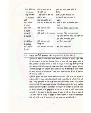 63
आई. नके स बीच के आधार भाग से फू ल आते, सफे द ध बे, आँत म
E.nicatrix पूर छोट आंते हैमोरेज
आई. म सीमा छोट आत का बीच तथा सूजी हु ई आँत क सतह िजस
E.maxima नीचे का भाग पर खून भी पाया जा सकता है ।
जा त आंत का भा वत भाग ल ण
आई. मवाट
E.mivati
छोट आंत का ऊपर आधा भाग आंत क द वार पर गोलाकार सफे द
ध बे
आई. हैगानी
E.higani
छोट आत का ऊपर
आधा भाग
पनपाइ ट हैमोरेज, आंत म सूजन
आई. ू ट
E.brunetti
छोट आत का नीचे का भाग र त र त रंिजत तरल पदाथ तथा
गुदा वार, यो न वार रंिजत तरल पदाथ तथा
गुदा वार, यो न वार सूजन
आई. ीऐके स
E.precax
छोट आंत का ऊपर
तहाई भाग
कोई वशेष ल ण नह ं
आई. माइ टस
E.mitis
छोट आंत का ऊपर भाग कोई वशेष ल ण नह ं
5.3 बा य परजीवी सं मण (Ecto-parasitic Infestation):
मुग पालन म बा य परजी वय वारा अनेक संकटमय ि थ त पैदा हो जाती है । इस वषय
क पूण जानकार , पेरेसाइट का जीवनच , नदान का ान आ द सफल कु कु ट पालन के
लए आव यक है । बाजार म ाय: हर कार के ज तुओं को मारने हेतु औष ध उपल ध है
तथा नमाता के नदश के अनुसार ह उनका योग कया जाना चा हये । कु कु ट माँस एवं
अ ड क बढ़ती हु ई मांग (जो हमारे देश म अभी शहर तक ह सी मत है) के कारण मु गय
को “सघन वातावरण” म पालना होता है । इस कारण बा य परजी वय क वृ क संभावना
भी बहु त बढ़ जाती है ।
मु गय म मु यत: खून चूसने वाल के शार रक पीड़ा देती ह । वैसे म छर एवं खटमल भी
काफ पीड़ा देते ह, पर तु अपने जीवन क सार अव ध पशुओं-प य के शर र म चपटे नह ं
रहते । पर तु जुऐं मु गय के शर र पर ह अपना सारा जीवन यतीत करती ह । अत: येक
कु कु ट पालक के लये यह जानकार आव यक है क कौन सा परजीवी (जीव ज तु) कब कस
हालत म आ मण करता है एवं उसके नदान के या उपाय हो सकते ह? यह जानकार रखना
भी अ य त आव यक है क कु कु टशाला के कौन-कौन से थान म इनक सं या अ धक
पाई जाती है, कस कार व कन- कन दवाइय के योग से उ ह न ट कया जा सकता है
। यह यान रखना भी ज र है क दवाईय के योग से मु गय को कसी कार क शार रक
हा न नह ं पहु ंचे एवं न ह अ डे तथा मुग मांस खाने वाल को कोई हा न हो ।
 