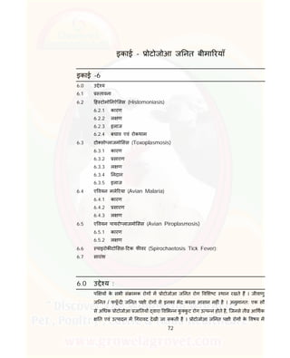 72
इकाई - ोटोजोआ ज नत बीमा रयाँ
इकाई -6
6.0 उ े य
6.1 तावना
6.2 ह टोमो नऐ सस (Histomoniasis)
6.2.1 कारण
6.2.2 ल ण
6.2.3 इलाज
6.2.4 बचाव एवं रोकथाम
6.3 टो सो लाजमो सस (Toxoplasmosis)
6.3.1 कारण
6.3.2 सारण
6.3.3 ल ण
6.3.4 नदान
6.3.5 इलाज
6.4 ए वयन मले रया (Avian Malaria)
6.4.1 कारण
6.4.2 सारण
6.4.3 ल ण
6.5 ए वयन पायरो लाजमो सस (Avian Piroplasmosis)
6.5.1 कारण
6.5.2 ल ण
6.6 पाइरोक टो सस- टक फ वर (Spirochaetosis Tick Fever):
6.7 सारांश
6.0 उ े य :
प य के सभी सं ामक रोग म ोटोजोआ ज नत रोग व श ट थान रखते ह । जीवाणु
ज नत / फफूँ द ज नत प ी रोग से इनका भेद करना आसान नह ं है । अनुमानत: एक सौ
से अ धक ोटोजोआ जा तय वारा व भ न कु कु ट रोग उ प न होते है, िजनसे ती आ थक
त एवं उ पादन म गरावट देखी जा सकती है । ोटोजोआ ज नत प ी रोग के वषय म
 
