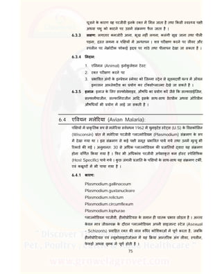 75
चूसने के कारण यह परजीवी इनके र त म मल जाता है तथा कसी व य प ी
अथवा पशु को काटने पर उसम सं मण फै ल जाता है ।
6.3.3 ल ण: लगातार कमजोर आना, भूख नह ं लगना, कलंगी सूख जाना तथा पील
पड़ना, द त लगना व प य म अ धापन । शव पर ण करने पर ल वर और
पल न पर ने ोट क फोकाई दय पर गांठे तथा पीलापन देखा जा सकता है ।
6.3.4 नदान:
1. ए नमल (Animal) इनोकु लेशन टे ट;
2. र त पर ण करने पर
3. भा वत अंग के इ ेशन मेयर को िज मा ेन से सू मदश य म ऑयल
इमरसन आ जे ट व का योग कर टॉ सो ला मा देखे जा सकते है ।
6.3.5 इलाज: इलाज के लए स फोनेमाइड, औष ध का योग कर जैसे क स फाडाईिजन,
स फामैथाजीन, स फा मराजीन आ द इसके साथ-साथ डेरा ीम अथवा ओ र ीम
औष धयाँ भी योग म लाई जा सकती है ।
6.4 ए वयन मले रया (Avian Malaria):
प य म ाकृ तक प से मले रया सव थम 1962 म युनाइटेड टे स (U.S) के वसको सन
(Wisconsin) ांत म मले रया परजीवी ला मो डयम (Plasmodium) सं मण के प
म देखा गया था । इस सं मण से कई प ी समूह भा वत पाये गये तथा उनम मृ यु भी
रकाड क गई । अनुमानत: 30 से अ धक ला मो डयम क जा तय वारा यह सं मण
होना व णत कया गया है । फर भी अ धकांश परजीवी अपे ाकृ त कम हो ट पे स फक
(Host Specific) पाये गये । कु छ जंगल जा त के प य के साथ-साथ यह सं मण टक ,
एवं कबूतर म भी पाया गया है ।
6.4.1 कारण:
Plasmodium.gallinaceum
Plasmodium.guxtanucleare
Plasmodium.relictum
Plasmodium.circumflexum
Plasmodium.lophurae
ला मो डयम परजीवी, ह मो ो टयस के समान ह घातक भाव छोड़ता है । अ तर
के वल मा जीवनच के दौरान ला मो डयम अपनी साइजा ट टेज (Asexual
- Schizonts) वा हत र त क लाल धर को शकाओं म पूण करता है, जब क
ह मो ो टयस एवं यूकोसाइटोजोअन म यह या आ त रक अंग ल वर, पल न,
फे फड़ अथवा वृ क म पूण होती है ।
 