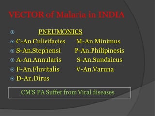 VECTOR of Malaria in INDIA
        PNEUMONICS
 C-An.Culicifacies M-An.Minimus
 S-An.Stephensi    P-An.Philipinesis
 A-An.Annularis     S-An.Sundaicus
 F-An.Fluvitalis   V-An.Varuna
 D-An.Dirus

    CM’S PA Suffer from Viral diseases
 