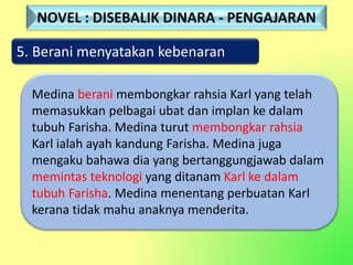 5. Berani menyatakan kebenaran
Medina berani membongkar rahsia Karl yang telah
memasukkan pelbagai ubat dan implan ke dalam
tubuh Farisha. Medina turut membongkar rahsia
Karl ialah ayah kandung Farisha. Medina juga
mengaku bahawa dia yang bertanggungjawab dalam
memintas teknologi yang ditanam Karl ke dalam
tubuh Farisha. Medina menentang perbuatan Karl
kerana tidak mahu anaknya menderita.
NOVEL : DISEBALIK DINARA - PENGAJARAN
 