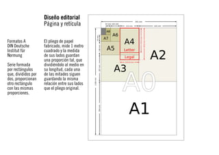 Diseño editorial
Página y retícula
Formatos A
DIN Deutsche
Institut für
Normung
Serie formada
por rectángulos
que, divididos por
dos, proporcionan
otro rectángulo
con las mismas
proporciones.

El pliego de papel
fabricado, mide 1 metro
cuadrado y la medida
de sus lados guardan
una proporción tal, que
dividiéndolo al medio en
su longitud, cada una
de las mitades siguen
guardando la misma
relación entre sus lados
que el pliego original.

 