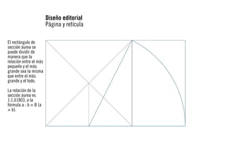 Diseño editorial
Página y retícula
El rectángulo de
sección áurea se
puede dividir de
manera que la
relación entre el más
pequeño y el más
grande sea la misma
que entre el más
grande y el todo.
La relación de la
sección áurea es
1:1,61803, o la
fórmula a : b = B (a
+ b).

 