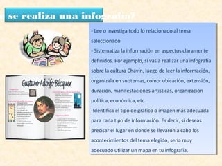 o se realiza una infografía?
- Lee o investiga todo lo relacionado al tema
seleccionado.
- Sistematiza la información en aspectos claramente
definidos. Por ejemplo, si vas a realizar una infografía
sobre la cultura Chavín, luego de leer la información,
organízala en subtemas, como: ubicación, extensión,
duración, manifestaciones artísticas, organización
política, económica, etc.
-Identifica el tipo de gráfico o imagen más adecuada
para cada tipo de información. Es decir, si deseas
precisar el lugar en donde se llevaron a cabo los
acontecimientos del tema elegido, sería muy
adecuado utilizar un mapa en tu infografía.
- Lee o investiga todo lo relacionado al tema
seleccionado.
- Sistematiza la información en aspectos claramente
definidos. Por ejemplo, si vas a realizar una infografía
sobre la cultura Chavín, luego de leer la información,
organízala en subtemas, como: ubicación, extensión,
duración, manifestaciones artísticas, organización
política, económica, etc.
-Identifica el tipo de gráfico o imagen más adecuada
para cada tipo de información. Es decir, si deseas
precisar el lugar en donde se llevaron a cabo los
acontecimientos del tema elegido, sería muy
adecuado utilizar un mapa en tu infografía.
 