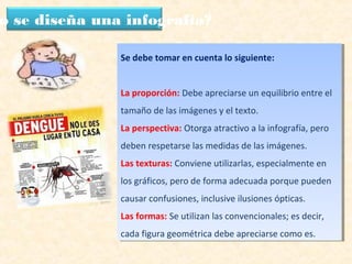 o se diseña una infografía?
Se debe tomar en cuenta lo siguiente:
La proporción: Debe apreciarse un equilibrio entre el
tamaño de las imágenes y el texto.
La perspectiva: Otorga atractivo a la infografía, pero
deben respetarse las medidas de las imágenes.
Las texturas: Conviene utilizarlas, especialmente en
los gráficos, pero de forma adecuada porque pueden
causar confusiones, inclusive ilusiones ópticas.
Las formas: Se utilizan las convencionales; es decir,
cada figura geométrica debe apreciarse como es.
Se debe tomar en cuenta lo siguiente:
La proporción: Debe apreciarse un equilibrio entre el
tamaño de las imágenes y el texto.
La perspectiva: Otorga atractivo a la infografía, pero
deben respetarse las medidas de las imágenes.
Las texturas: Conviene utilizarlas, especialmente en
los gráficos, pero de forma adecuada porque pueden
causar confusiones, inclusive ilusiones ópticas.
Las formas: Se utilizan las convencionales; es decir,
cada figura geométrica debe apreciarse como es.
 