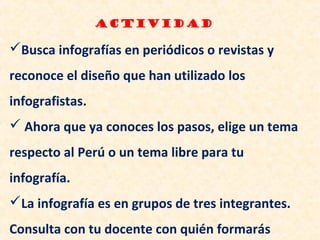 Busca infografías en periódicos o revistas y
reconoce el diseño que han utilizado los
infografistas.
 Ahora que ya conoces los pasos, elige un tema
respecto al Perú o un tema libre para tu
infografía.
La infografía es en grupos de tres integrantes.
Consulta con tu docente con quién formarás
Actividad
 