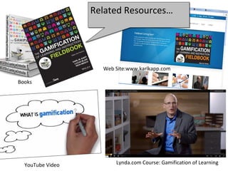 Related Resources…Related Resources…
Lynda.com Course: Gamification of LearningYouTube Video
Web Site:www.karlkapp.com
Books
 