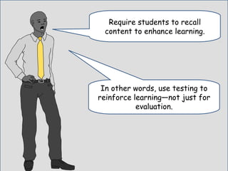 Require students to recall
content to enhance learning.
In other words, use testing to
reinforce learning—not just for
evaluation.
 