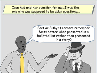 Ivan had another question for me…I was the
one who was supposed to be ask’n questions….
Ivan had another question for me…I was the
one who was supposed to be ask’n questions….
Fact or Fishy? Learners remember
facts better when presented in a
bulleted list rather than presented
in a story?
 