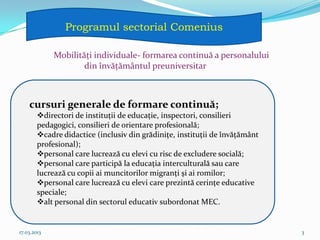 Programul sectorial Comenius

             Mobilităţi individuale- formarea continuă a personalului
                     din învăţământul preuniversitar



    cursuri generale de formare continuă;
        directori de instituţii de educaţie, inspectori, consilieri
        pedagogici, consilieri de orientare profesională;
        cadre didactice (inclusiv din grădiniţe, instituţii de învăţământ
        profesional);
        personal care lucrează cu elevi cu risc de excludere socială;
        personal care participă la educaţia interculturală sau care
        lucrează cu copii ai muncitorilor migranţi şi ai romilor;
        personal care lucrează cu elevi care prezintă cerinţe educative
        speciale;
        alt personal din sectorul educativ subordonat MEC.


17.03.2013                                                                   3
 