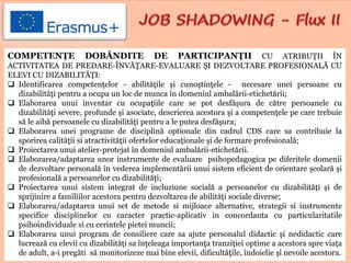 COMPETENȚE DOBÂNDITE DE PARTICIPANȚII CU ATRIBUŢII ÎN
ACTIVITATEA DE PREDARE-ÎNVĂŢARE-EVALUARE ŞI DEZVOLTARE PROFESIONALĂ CU
ELEVI CU DIZABILITĂȚI:
 Identificarea competenţelor - abilităţile şi cunoştinţele - necesare unei persoane cu
dizabilităţi pentru a ocupa un loc de munca în domeniul ambalării-etichetării;
 Elaborarea unui inventar cu ocupaţiile care se pot desfăşura de către persoanele cu
dizabilităţi severe, profunde şi asociate, descrierea acestora şi a competenţele pe care trebuie
să le aibă persoanele cu dizabilităţi pentru a le putea desfăşura;
 Elaborarea unei programe de disciplină optionale din cadrul CDS care sa contribuie la
sporirea calităţii si atractivităţii ofertelor educaţionale şi de formare profesională;
 Proiectarea unui atelier-protejat în domeniul ambalării-etichetării.
 Elaborarea/adaptarea unor instrumente de evaluare psihopedagogica pe diferitele domenii
de dezvoltare personală în vederea implementării unui sistem eficient de orientare şcolară şi
profesională a persoanelor cu dizabilităţi;
 Proiectarea unui sistem integrat de incluziune socială a persoanelor cu dizabilități și de
sprijinire a familiilor acestora pentru dezvoltarea de abilități sociale diverse;
 Elaborarea/adaptarea unui set de metode si mijloace alternative, strategii si instrumente
specifice disciplinelor cu caracter practic-aplicativ in concordanta cu particularitatile
psihoindividuale si cu cerintele pietei muncii;
 Elaborarea unui program de consiliere care sa ajute personalul didactic şi nedidactic care
lucrează cu elevii cu dizabilităţi sa înţeleaga importanţa tranziției optime a acestora spre viața
de adult, a-i pregăti să monitorizeze mai bine elevii, dificultăţile, îndoielie şi nevoile acestora.
 