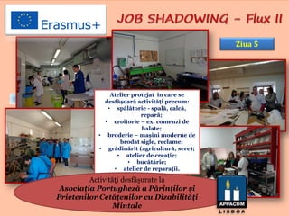 Atelier protejat în care se
desfășoară activități precum:
• spălătorie - spală, calcă,
repară;
• croitorie – ex. comenzi de
halate;
• broderie – mașini moderne de
brodat sigle, reclame;
• grădinărit (agricultură, sere);
• atelier de creație;
• bucătărie;
• atelier de reparații.
Ziua 5
Activităţi desfăşurate la
Asociația Portugheză a Părinților și
Prietenilor Cetățenilor cu Dizabilități
Mintale
 