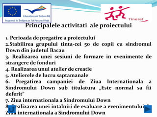 Principalele activitati ale proiectului

1. Perioada de pregatire a proiectului
2.Stabilirea grupului tinta-cei 50 de copii cu sindromul
Down din judetul Bacau
3. Realizarea unei sesiuni de formare in evenimente de
strangere de fonduri
4. Realizarea unui atelier de creatie
5. Atelierele de lucru saptamanale
6. Pregatirea campaniei de Ziua Internationala a
Sindromului Down sub titulatura „Este normal sa fii
deferit”
7. Ziua internationala a Sindromului Down
8. Realizarea unei intalniri de evaluare a evenimentului de
Ziua internationala a Sindromului Down
 