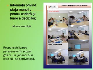 Munca in echipă
Responsabilizarea
persoanelor în scopul
găsirii un job mai bun
care să i se potrivească.
 Informații privind
piața muncii ,
pentru carieră și
luare a deciziilor;
 