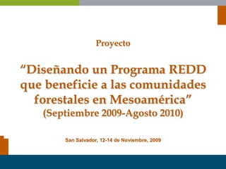 Proyecto
“Diseñando un Programa REDD
que beneficie a las comunidades
forestales en Mesoamérica”
(Septiembre 2009-Agosto 2010)
San Salvador, 12-14 de Noviembre, 2009
 