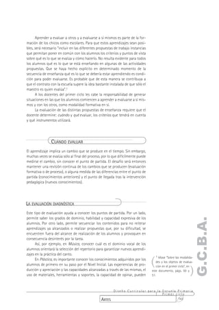 Aprender a evaluar a otros y a evaluarse a sí mismos es parte de la for-
mación de los chicos como escolares. Para que estos aprendizajes sean posi-
bles, será necesario “incluir en las diferentes propuestas de trabajo instancias
que permitan poner en común con los alumnos los criterios y puntos de vista
sobre qué es lo que se evalúa y cómo hacerlo. No resulta evidente para todos
los alumnos qué es lo que se está enseñando en algunas de las actividades
propuestas. Que se haya hecho explícito en determinado momento de la
secuencia de enseñanza qué es lo que se debería estar aprendiendo es condi-
ción para poder evaluarse. Es probable que de esta manera se contribuya a
que el contrato con la escuela supere la idea bastante instalada de que sólo el
maestro es quien evalúa”.1
      A los docentes del primer ciclo les cabe la responsabilidad de generar
situaciones en las que los alumnos comiencen a aprender a evaluarse a sí mis-
mos y con los otros, como modalidad formativa en sí.
      La evaluación de las distintas propuestas de enseñanza requiere que el
docente determine: cuándo y qué evaluar, los criterios que tendrá en cuenta
y qué instrumentos utilizará.




                CUÁNDO EVALUAR
El aprendizaje implica un cambio que se produce en el tiempo. Sin embargo,
muchas veces se evalúa sólo al final del proceso, por lo que difícilmente puede
medirse el cambio, sin conocer el punto de partida. El desafío será entonces
mantener una revisión continua de los cambios que se producen (evaluación
formativa o de proceso), o alguna medida de las diferencias entre el punto de
partida (conocimientos anteriores) y el punto de llegada tras la intervención
pedagógica (nuevos conocimientos).




LA EVALUACIÓN DIAGNÓSTICA
Este tipo de evaluación ayuda a conocer los puntos de partida. Por un lado,
permite saber los grados de dominio, habilidad y capacidad expresiva de los
                                                                                                                  G.C.B.A.
alumnos. Por otro lado, permite secuenciar los contenidos para no reiterar
aprendizajes ya alcanzados o realizar propuestas que, por su dificultad, se
encuentren fuera del alcance de realización de los alumnos y provoquen en
consecuencia desinterés por la tarea.
      Así, por ejemplo, en Música, conocer cuál es el dominio vocal de los
alumnos orientará la selección del repertorio para garantizar nuevos aprendi-
zajes en la práctica del canto.

                                                                                   (
                                                                                       1 Véase “Sobre las modalida-
      En Plástica, es importante conocer los conocimientos adquiridos por los
                                                                                      des y los objetos de evalua-


                                                                                                                )
alumnos de primero en su paso por el Nivel Inicial. Las experiencias de pro-          ción en el primer ciclo”, en
ducción y apreciación y las capacidades alcanzadas a través de las mismas, el      este documento, págs. 50 y
uso de materiales, herramientas y soportes, la capacidad de opinar, pueden         51.



                                                        Diseño Curricular para la Escuela Primaria
                                                                                  Primer ciclo
                                                  ARTES                                   143
 