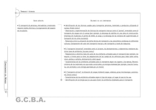 TRABAJOS Y TÉCNICAS



                                               IDEAS BÁSICAS                                                            ALCANCE DE LOS CONTENIDOS

                           El transporte de personas, mercaderías y materiales      Identificación de las técnicas usadas para transportar personas, materiales y productos utilizando el
                         requiere medios técnicos y la organización del espacio   cuerpo. (PRIMER GRADO.)
                         de circulación.                                          - Observación y experimentación de técnicas de transporte manual como el "porteo", entendido como el
                                                                                  transporte de cargas con el cuerpo (por ejemplo: la descarga de ladrillos en una obra en construcción,
                                                                                  empresas de mudanzas, el porteo de bebés, la carga y la descarga de las compras del supermercado, el
                                                                                  transporte de los útiles escolares).
                                                                                  - Relaciones entre la utilización de dicha técnica de transporte y las costumbres cotidianas en diferentes
                                                                                  culturas. Comparación del valor del transporte manual y del transporte a través de máquinas.

                                                                                    El "transporte horizontal" entendido como el arrastre, los deslizamientos y rodamientos mediante dis-
                                                                                  tintos tipos de artefactos. (SEGUNDO GRADO.)
                                                                                  - Adaptaciones a distintos tipos de suelo de los artefactos utilizados para el transporte (por ejemplo: los
                                                                                  esquíes y trineos para la nieve, las adaptaciones de las ruedas de los vehículos para rodar sobre arena,
                                                                                  nieve, piedras o asfaltos, deslizamiento sobre agua).
                                                                                  - Características de los artefactos utilizados para el transporte según los lugares y las épocas. Recono-
CONOCIMIENTO DEL MUNDO




                                                                                  cimiento de los materiales con que están construidos y la energía empleada (por ejemplo: tracción huma-
                                                                                  na, con animales o con energía aportada por un motor).

                                                                                    El "transporte vertical": la elevación de cargas mediante sogas, roldanas, grúas montacargas y ascenso-
                                                                                  res. (TERCER GRADO.)
                                                                                  - Características de los artefactos utilizados según el tipo de carga y el lugar en que se los usa.
                                                                                  - Identificación de la energía que se usa para mover los artefactos empleados para el transporte.
      193




                         G.C.B.A.
 