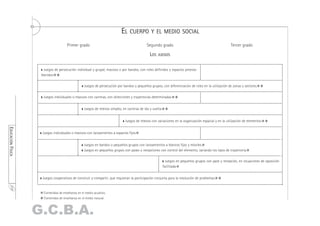 EL CUERPO Y EL MEDIO SOCIAL
                                      Primer grado                                            Segundo grado                                              Tercer grado

                                                                                                LOS JUEGOS

                      Juegos de persecución individual y grupal, masivos o por bandos, con roles definidos y espacios preesta-
                    blecidos.

                                                  Juegos de persecución por bandos y pequeños grupos, con diferenciación de roles en la utilización de zonas y sectores.

                     Juegos individuales o masivos con carreras, con direcciones y trayectorias determinadas.


                                                  Juegos de relevos simples, en carreras de ida y vuelta.


                                                                               Juegos de relevos con variaciones en la organización espacial y en la utilización de elementos.
EDUCACIÓN FÍSICA




                    Juegos individuales o masivos con lanzamientos a espacios fijos.


                                                  Juegos en bandos o pequeños grupos con lanzamientos a blancos fijos y móviles.
                                                  Juegos en pequeños grupos con pases y recepciones con control del elemento, variando los tipos de trayectoria.

                                                                                                              Juegos en pequeños grupos con pase y recepción, en situaciones de oposición
                                                                                                            facilitada.


                    Juegos cooperativos de construir y compartir, que requieran la participación conjunta para la resolución de problemas.
    237




                     Contenidos de enseñanza en el medio acuático.
                     Contenidos de enseñanza en el medio natural.



                   G.C.B.A.
 