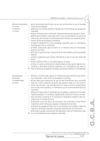1. PRÁCTICA DE LA LECTURA 1.1. QUEHACERES GENERALES DEL LECTOR




                                                                                                                    LEER PARA BUSCAR INFORMACIÓN
ADECUAR LA MODALIDAD     Leer minuciosamente el texto una vez que se encuentra lo que se buscaba
DE LECTURA             (nota de enciclopedia).
AL PROPÓSITO             Descubrir los núcleos temáticos tratados por el texto (textos de divulgación
Y AL TEXTO.            científica).
                         Hacer anticipaciones y verificarlas utilizando índices provistos por el texto.
                         Releer para establecer relaciones entre lo que se está leyendo y lo que se ha
                       leído antes, para localizar una dificultad o para resolver una supuesta contra-
                       dicción (textos de divulgación científica).
                         Explorar rápidamente el texto buscando respuestas para un interrogante
                       (enciclopedia, artículo científico).
                         Saltear aclaraciones para centrarse en lo esencial (nota de enciclopedia,
                       artículo científico).
                         Vincular lo que se lee con situaciones de la vida cotidiana o de la actualidad
                       política.
                         Saltear fragmentos que reiteran información o que no son del interés del
                       lector.
                         Tomar posición frente a una noticia (diarios, revistas).
                         Tomar en cuenta la información complementaria al texto que brindan las ilus-
                       traciones y observarlas buscando respuesta a los interrogantes que guían la
                       lectura (textos de divulgación científica, artículos periodísticos, enciclopedias).


AUTOCONTROLAR,           Frente a una dificultad, avanzar en el texto buscando elementos que permi-
MONITOREAR             tan comprender mejor (textos de divulgación científica).
LA INTERPRETACIÓN        Estar alerta para asegurarse de que se está entendiendo bien, volviendo
DEL TEXTO.             atrás en el texto, releyendo las partes que generan dudas o en las cuales el
                       lector cree descubrir una contradicción en el texto o entre la interpretación
                       que se está construyendo y la información que se va encontrando (artículo
                       científico).
                         Resolver dudas sobre el significado de una palabra o expresión formulando
                       hipótesis basadas en el contexto, estableciendo relaciones lexicales con pala-
                       bras conocidas, buscando en el diccionario y eligiendo la acepción más con-
                       sistente con el sentido del texto.
                                                                                                                    G.C.B.A.
                         Comenzar a usar los signos de puntuación, los conectores y otras marcas
                       lingüísticas como indicios que apoyan la elaboración de sentido.
                         Localizar los pasajes del texto que no se está seguro de entender y tratar de
                       superar la dificultad releyendo o buscando otras fuentes de información.
                         Controlar la propia comprensión distinguiendo lo que se entiende de lo que
                       no se entiende (textos de divulgación científica).




                                                     Diseño Curricular para la Escuela Primaria
                                                                               Primer ciclo
                                              PRÁCTICAS DEL LENGUAJE                   375
 