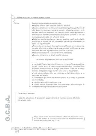 3. HABLAR EN LA ESCUELA 3.2. QUEHACERES DEL HABLANTE Y DEL OYENTE


             DISCUTIR.                         Quehacer del participante de una discusión
                                                 Proponer criterios sobre los cuales centrar la discusión.
                                                Escuchar con atención las intervenciones de los compañeros y en función de
                                               ellas decidir intervenir para expresar el acuerdo y reforzar las opiniones verti-
                                               das, para manifestar desacuerdo con ellas, para incluir nuevos argumentos o
                                               bien decidir no intervenir por reconocer que las propias opiniones ya han sido
                                               expresadas y sustentadas con suficiente fuerza.
                                                 Hablar en voz alta para hacerse escuchar, poner de manifiesto la relación
                                               entre lo que se sostiene y lo que otro ya dijo, apelar a que otros expresen su
                                               apoyo a la argumentación.
                                                Argumentar para persuadir al compañero ejemplificando, ofreciendo contra-
                                               ejemplos, ofreciendo pruebas, citando una autoridad, justificando la argu-
                                               mentación. Rechazar argumentaciones, justificar su rechazo.
                                                 Adecuar las expresiones a las intervenciones precedentes.
                                                 Escuchar atentamente un debate radial o televisivo.

                                                      Los alumnos del primer ciclo participan en discusiones:

                                               %  cuando planifican una producción colectiva o en pequeños grupos y discu-
                                               ten, por ejemplo, acerca de cómo empezar, qué título elegir, cuándo decidirlo,
                                               qué forma de organización es la mejor para el texto, cuáles son las carac-
                                               terísticas del tipo de texto por escribir, cómo será su diagramación;
                                               % cada vez que debaten sobre una noticia que se ha leído en clase o se ha
                                               escuchado por la radio;
                                               % cuando tienen que tomar una decisión colectiva en la clase y las opiniones
                                               son encontradas;
                                               % cuando se abre polémica sobre un tema;

                                               % cuando analizan y debaten sobre datos obtenidos o sobre conceptos de
                                               interés en diversos proyectos de Ciencias Sociales.6


                    SITUACIONES DE REFERENCIA
G.C.B.A.




                    Todas las situaciones de producción grupal. Lectura de cuentos. Lectura del diario.
                    Escuchar la radio.




                                              (                                                                                                 )
                                                   6 Véase Ciencias Sociales. Documento de trabajo nº 2, Primer ciclo, Actualización curricu-
                                                   lar, M.C.B.A., Secretaría de Educación, Dirección General de Planeamiento-Educación,
                                                   Dirección de Currículum, 1996, págs. 53 y 56.



           Gobierno de la Ciudad Autónoma de Buenos Aires
               Secretaría de Educación  Dirección de Currícula
               422
 