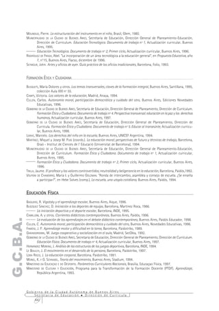 MOUNOUD, Pierre. La estructuración del instrumento en el niño, Brasil, Glem, 1980.
           MUNICIPALIDAD DE LA CIUDAD DE BUENOS AIRES, Secretaría de Educación, Dirección General de Planeamiento-Educación,
                  Dirección de Currículum. Educación Tecnológica. Documento de trabajo nº 1, Actualización curricular, Buenos
                  Aires, 1995.
                  Educación Tecnológica. Documento de trabajo nº 2, Primer ciclo, Actualización curricular, Buenos Aires, 1996.
           RODRÍGUEZ DE FRAGA, Abel. "La incorporación de un área tecnológica a la educación general", en Propuesta Educativa, año
                  7, n°15, Buenos Aires, Flacso, diciembre de 1996.
           SEYMOUR, John. Artes y oficios de ayer. Guía práctica de los oficios tradicionales, Barcelona, Folio, 1993.


           FORMACIÓN ÉTICA Y CIUDADANA

           BUSQUETS, María Dolores y otros. Los temas transversales; claves de la formación integral, Buenos Aires, Santillana, 1995,
                    colección Aula XXI nº 55.
           CAMPS, Victoria. Los valores de la educación, Madrid, Anaya, 1994.
           CULLEN, Carlos. Autonomía moral, participación democrática y cuidado del otro, Buenos Aires, Ediciones Novedades
                    Educativas, 1996.
           GOBIERNO DE LA CIUDAD DE BUENOS AIRES, Secretaría de Educación, Dirección General de Planeamiento, Dirección de Currículum.
                    Formación Ética y Ciudadana. Documento de trabajo nº 4. Perspectiva transversal: educación en la paz y los derechos
                    humanos, Actualización curricular, Buenos Aires, 1997.
           GOBIERNO DE LA CIUDAD DE BUENOS AIRES, Secretaría de Educación, Dirección General de Planeamiento, Dirección de
                    Currícula. Formación Ética y Ciudadana. Documento de trabajo nº 5. Educar al transeúnte, Actualización curricu-
                    lar, Buenos Aires, 1998.
           LEIRAS, Marcelo. Los derechos del niño en la escuela, Buenos Aires, UNICEF Argentina, 1994.
           MARTÍNEZ, Miquel y Josep M. PUIG (coords.). La educación moral; perspectivas de futuro y técnicas de trabajo, Barcelona,
                    Graó - Institut de Ciences de l' Educació (Universitat de Barcelona), 1994.
           MUNICIPALIDAD DE LA CIUDAD DE BUENOS AIRES, Secretaría de Educación, Dirección General de Planeamiento-Educación,
                    Dirección de Currículum. Formación Ética y Ciudadana. Documento de trabajo nº 1, Actualización curricular,
                    Buenos Aires, 1995.
                    Formación Ética y Ciudadana. Documento de trabajo nº 2, Primer ciclo, Actualización curricular, Buenos Aires,
                    1996.
           TRILLA, Jaume. El profesor y los valores controvertidos; neutralidad y beligerancia en la educación, Barcelona, Paidós,1992.
           VOLPONI DE CHAMORRO, María I. y Guillermo GOLZMAN. "Ronda de intercambio, asamblea y consejo de escuela. ¿Se enseña
                    a participar?", en Hebe Solves (comp.), La escuela, una utopía cotidiana, Buenos Aires, Paidós, 1994.


           EDUCACIÓN FÍSICA
           BAQUERO, R. Vigotsky y el aprendizaje escolar, Buenos Aires, Aique, 1996.
           BLÁZQUEZ SÁNCHEZ, D. Iniciación a los deportes de equipo, Barcelona, Martínez Roca, 1986.
                   La iniciación deportiva y el deporte escolar, Barcelona, INDE, 1995.
           CAMILLONI, A. y otros. Corrientes didácticas contemporáneas, Buenos Aires, Paidós, 1996.
G.C.B.A.




                   La evaluación de los aprendizajes en el debate didáctico contemporáneo, Buenos Aires, Paidós Educador, 1998.
           CULLEN, C. Autonomía moral, participación democrática y cuidado del otro, Buenos Aires, Novedades Educativas, 1996.
           FAMOSE, J. P. Aprendizaje motor y dificultad en la tarea, Barcelona, Paidotribo, 1989.
           GARAIGORDOBIL, M. Juego cooperativo y socialización en el aula, Madrid, SecOlea, 1992.
           GOBIERNO DE LA CIUDAD DE BUENOS AIRES, Secretaría de Educación, Dirección General de Planeamiento, Dirección de Currículum.
                   Educación Física. Documento de trabajo nº 4, Actualización curricular, Buenos Aires, 1997.
           HERNÁNDEZ MORENO, J. Análisis de las estructuras de los juegos deportivos, Barcelona, INDE, 1994.
           LE BOULCH, J. El movimiento en el desarrollo de la persona, Barcelona, Paidotribo, 1997.
           LORA RISCO, J. La educación corporal, Barcelona, Paidotribo, 1991.
           MEINEL, K. Y G. SCHNABEL, Teoría del movimiento, Buenos Aires, Stadium, 1994.
           MINISTERIO DA EDUCAÇAO E DO DESPORTO. Parámetros Curriculares Nacionais, Brasilia, Educaçao Física, 1997.
           MINISTERIO DE CULTURA Y EDUCACIÓN, Programa para la Transformación de la Formación Docente (PTDF). Aprendizaje,
                   República Argentina, 1993.




           Gobierno de la Ciudad Autónoma de Buenos Aires
               Secretaría de Educación  Dirección de Currícula
               442
 